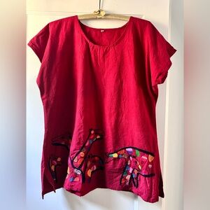 Red Embroidered Women's Top